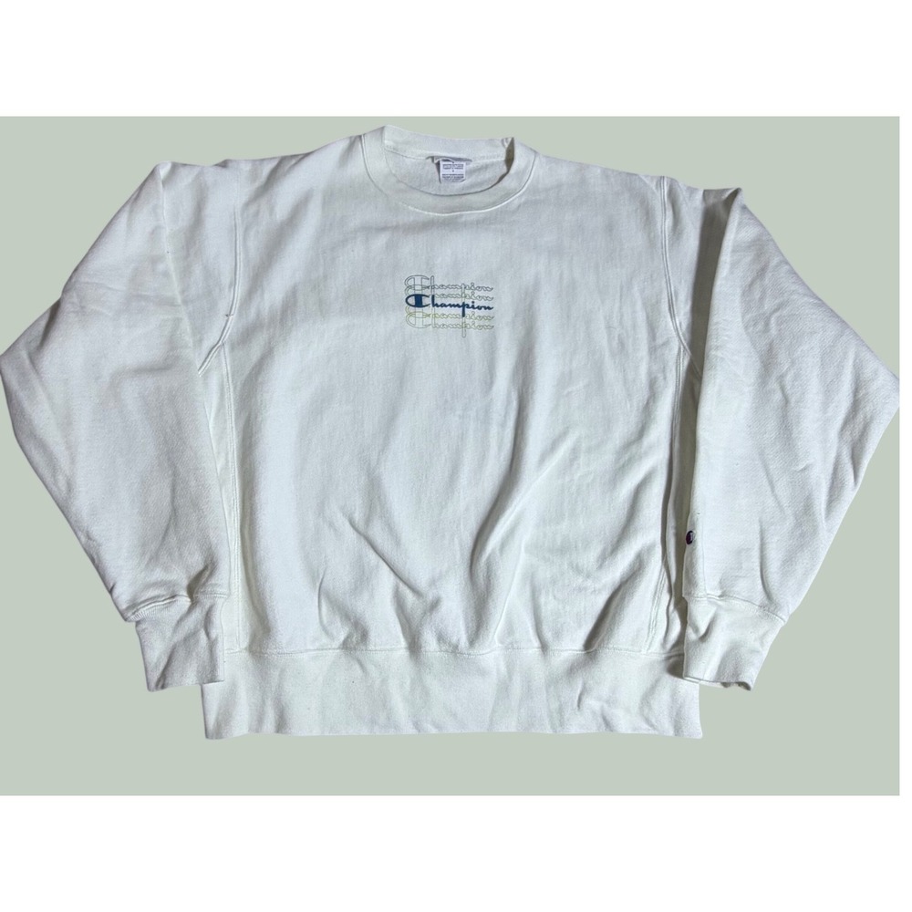 Champion Reverse Weave Sweatshirt White Stacked Logo Embroidered Y2K Mens Large